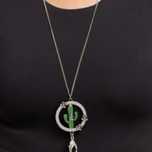 Silver and Green Cactus Pendant Lanyard